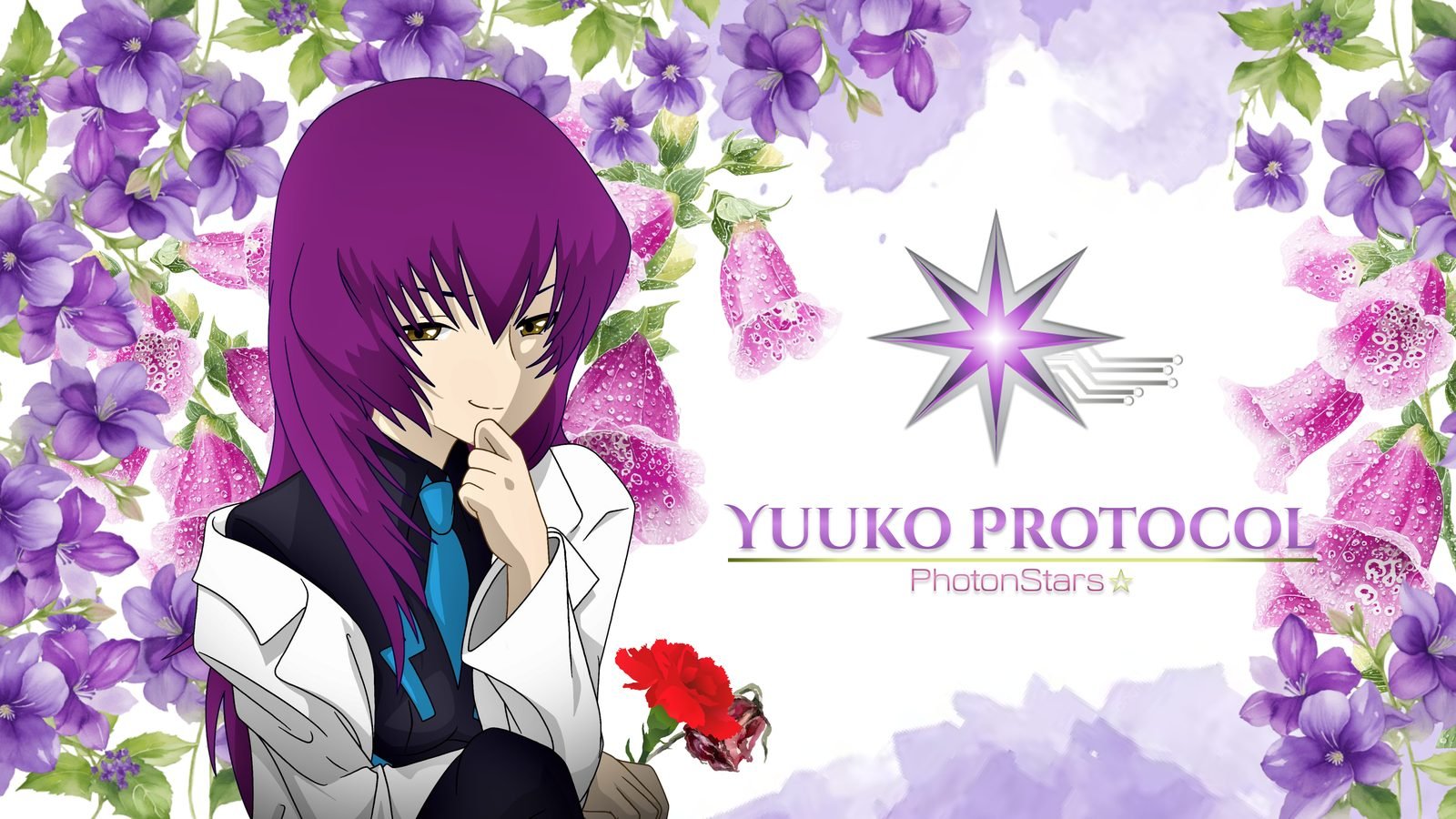 Yuuko Protocol key art: a purple-haired girl in a lab coat among violet bellflowers and pink foxgloves, beside the Yuuko star logo